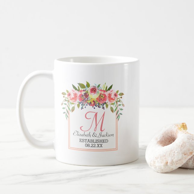 Mug Mariage Monogramme Peach Aquarelle Florale Wreath (Avec donut)