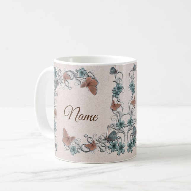 Mug Mariage Papillon Cuivre Floral Argent Sarcelle Tan (Devant gauche)