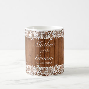 Mug Mariage parent en bois rustique et dentelle blanch