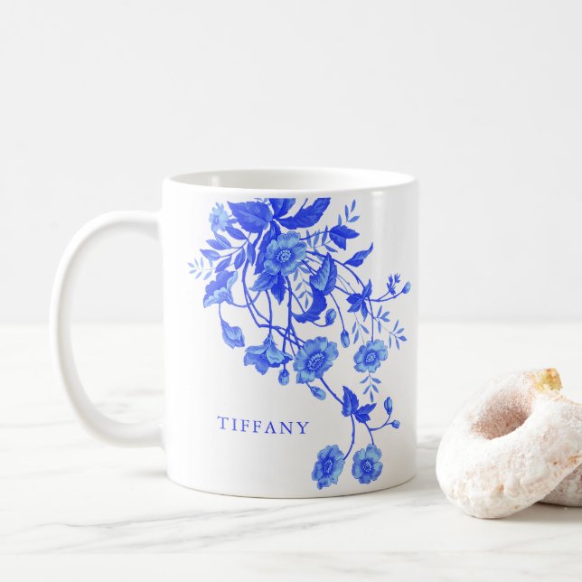 Mug Mariage rétro toile de Jouy bleue florale (Avec donut)