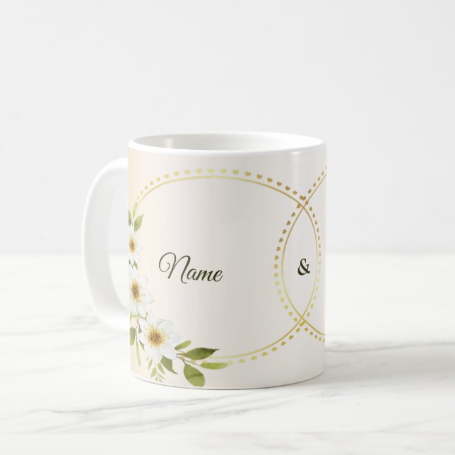 Mug Mariage Rustique Géométrique Doré Blanc Floral Pêc (Devant gauche)