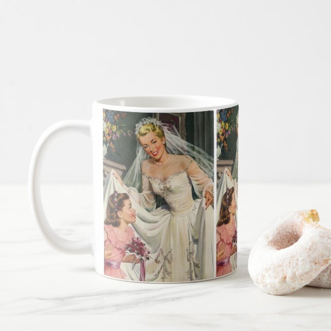Mug Mariage vintage, Mariée rétro avec Flower Girl (Avec donut)