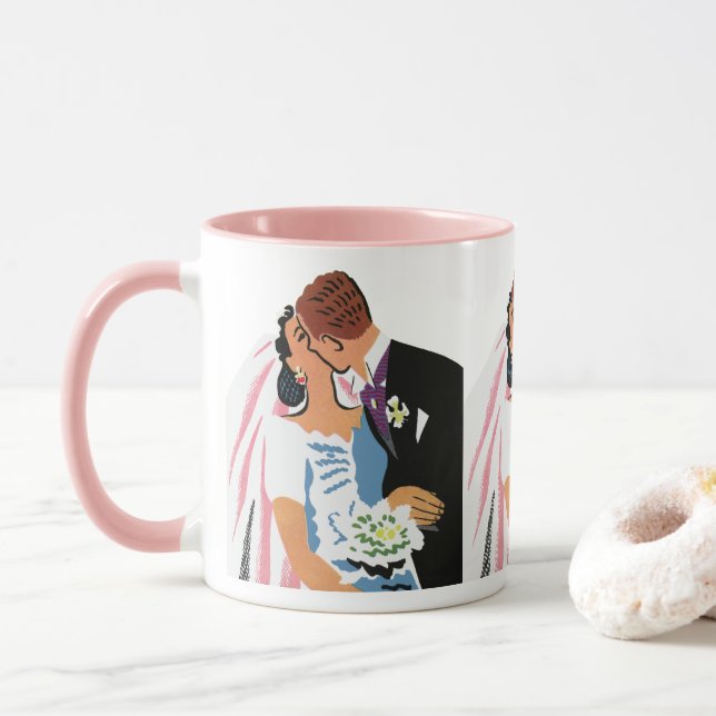 Mug Mariage Vintage, Mariés Rétro s'Embrassant (Avec donut)