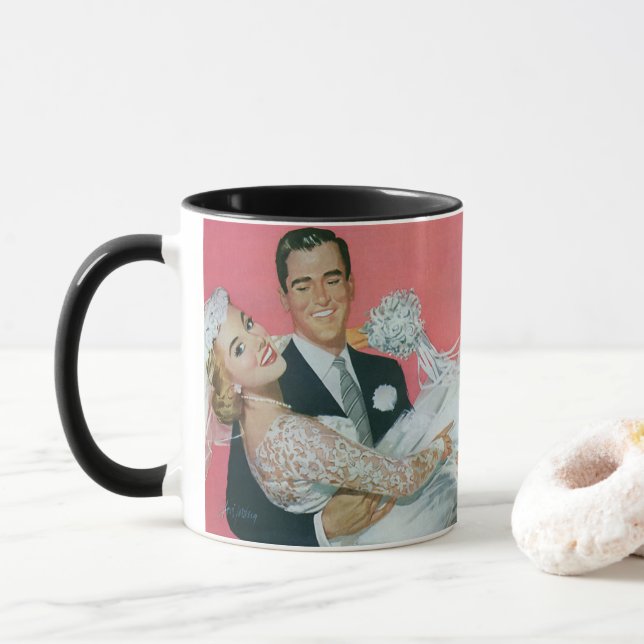 Mug Mariage vintage Nouveaux mariés, mariée porteuse (Avec donut)