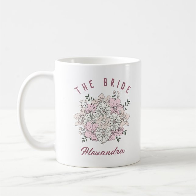 Mug Mariée Nom Personnalisé Fleur Rose Blanc Rétro (Gauche)