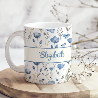 Mug Marine bleu Aquarelle Fleurs sauvages Nom du scrip