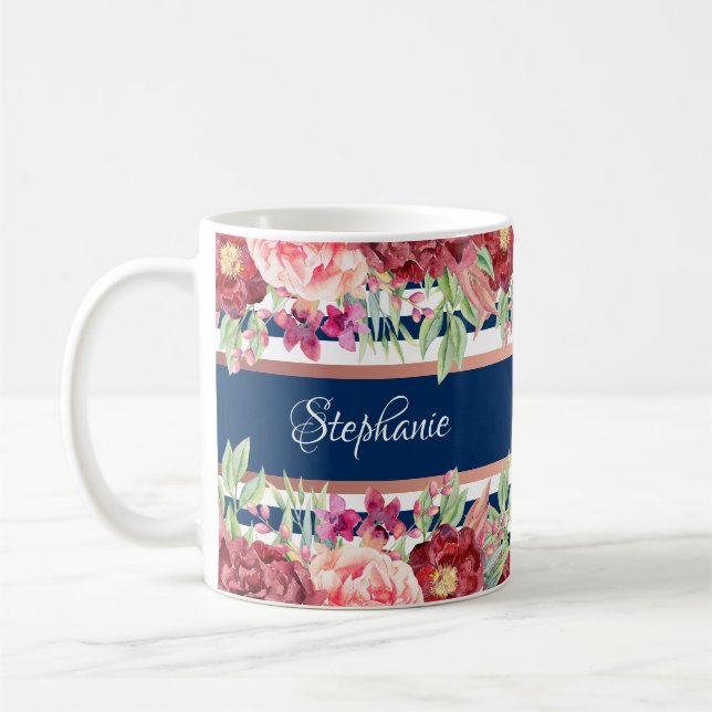 Mug Marine Bleu Brousse Bourgogne Floral Nom personnal (Gauche)
