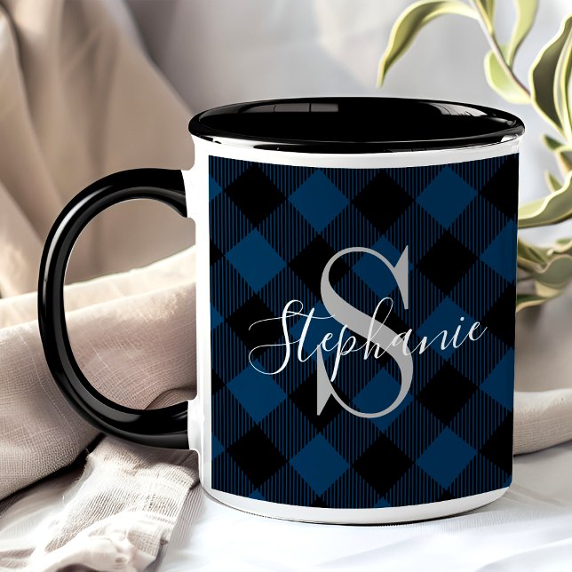 Mug Marine Bleu Buffalo Plaid Rustique Nom du monogram (Créateur téléchargé)