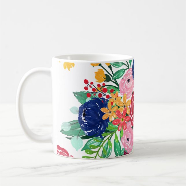 Mug Marine bleu et rouge aquarelle boho chic Fleurs (Gauche)