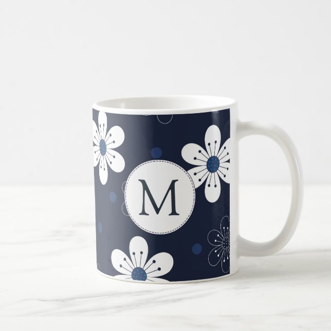 Mug Marine Bleu Joli Monogramme Floral (Droite)