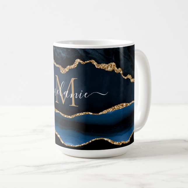 Mug Marine Blue Gold Marble Lettre personnalisée Nom M (Devant droit)