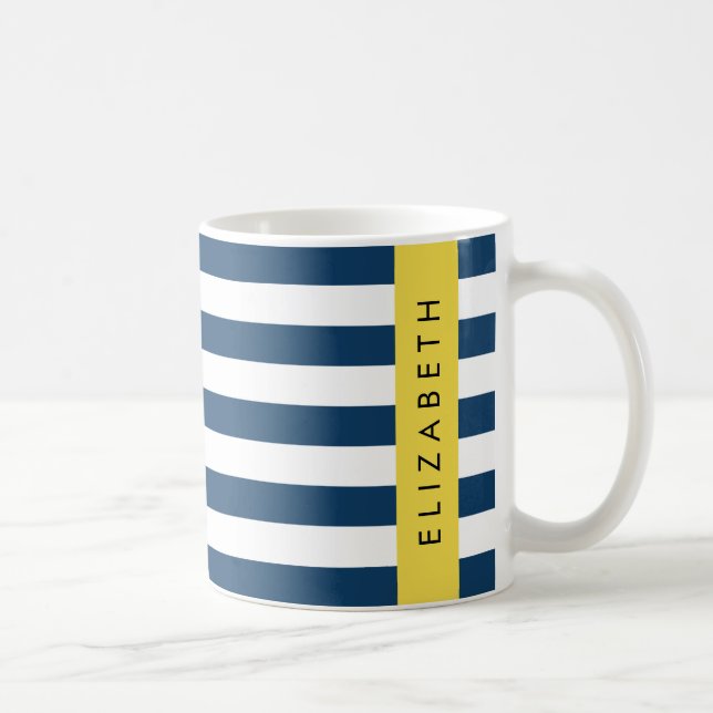 Mug Marine Blue Stripes, Motif rayé, Votre nom (Droite)