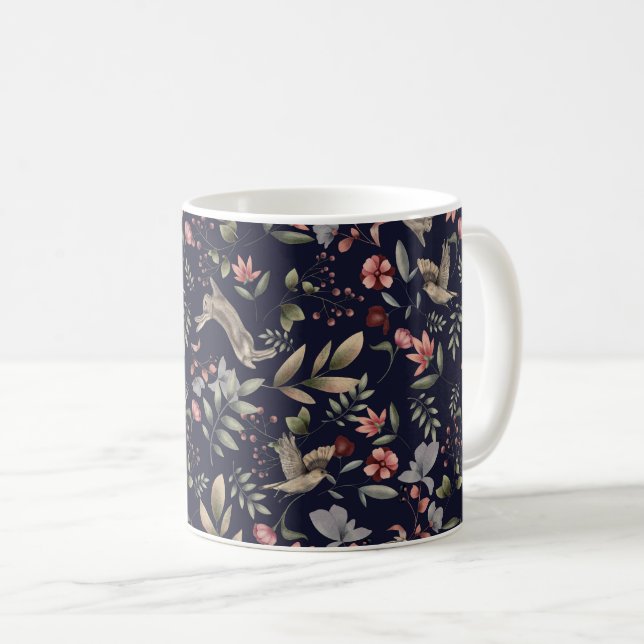 Mug Marine Blue Woodland Animaux Floral Feuille Motif (Devant droit)