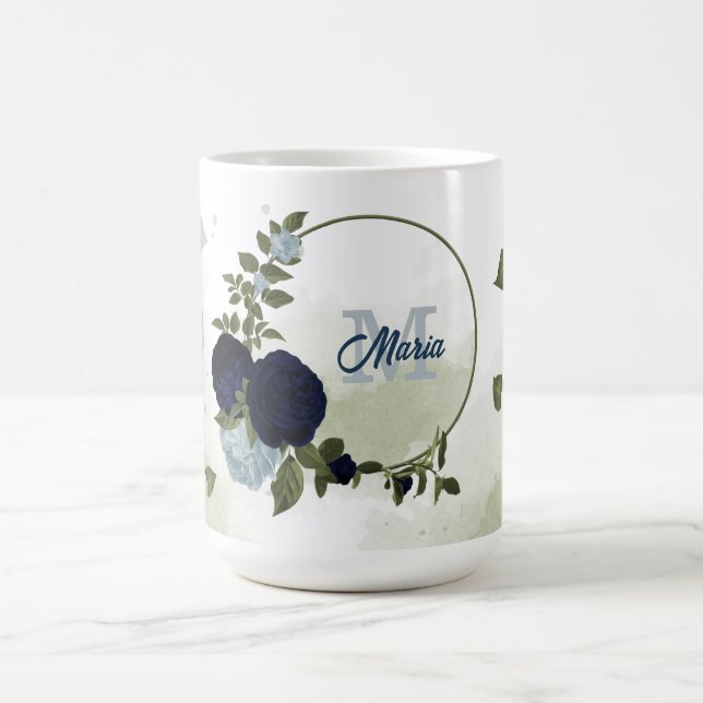 Mug marine & fleurs bleu poussiéreux verdure monogramm (Centre)
