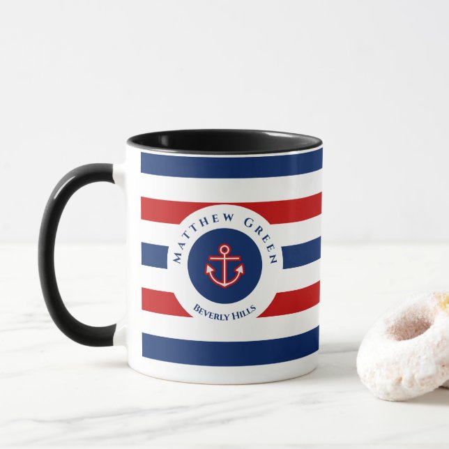 Mug Marine marine marine Bleu Rouge Blanc rayures Ancr (Avec donut)