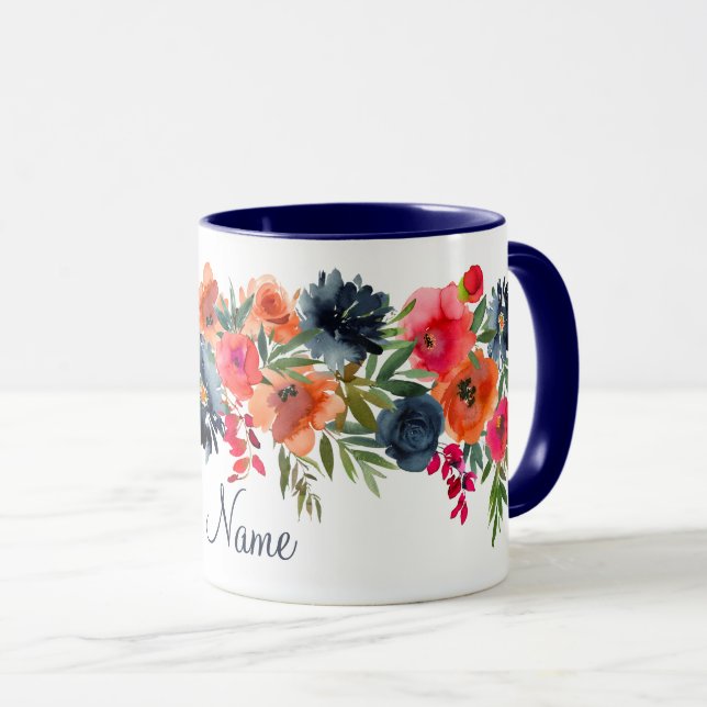 Mug Marine Orange Rouge Rustique Aquarelle Rose Nom fl (Devant droit)