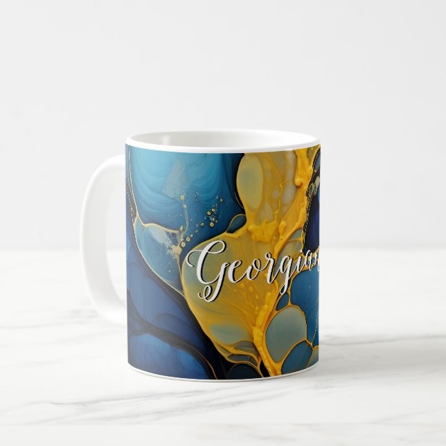 Mug Marine personnalisée et Gold Alcool Ink Fluid Art (Devant gauche)