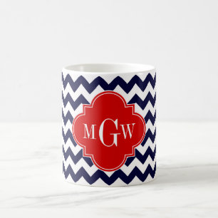 Mug Marine White Chevron Red Quatrefoil 3 Monogramme