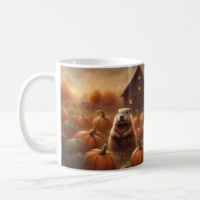 Mug Marmotte debout dans un champ de citrouilles au co (Gauche)