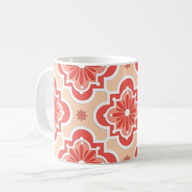 Mug Marocain en tuiles motif - Tons de Coral Orange (Devant gauche)