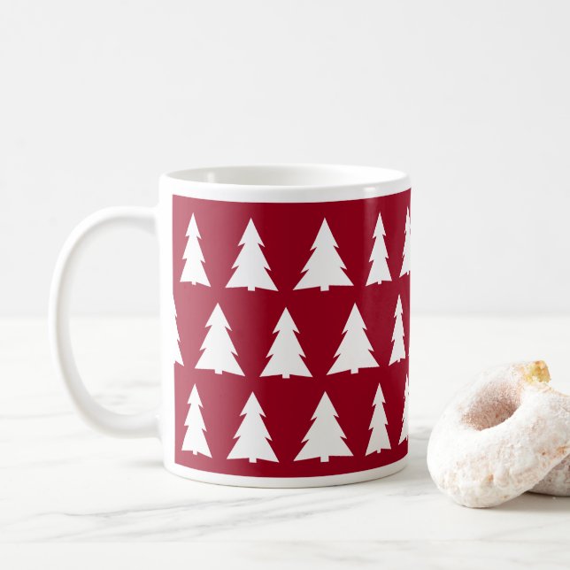 Mug Maroon de Noël moderne Motif d'arbre blanc (Avec donut)