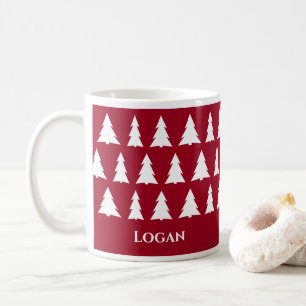 Mug Maroon moderne Arbre de Noël Motif avec nom