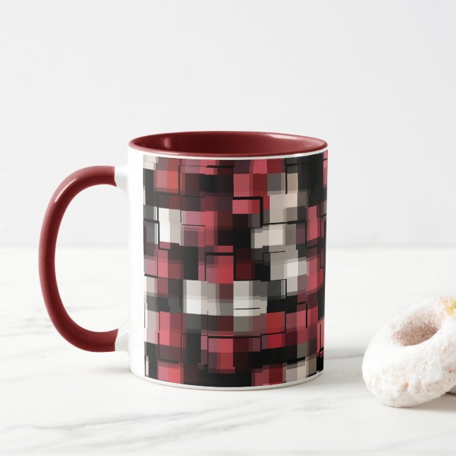 Mug Maroon noir blanc Abstrait plaid (Avec donut)