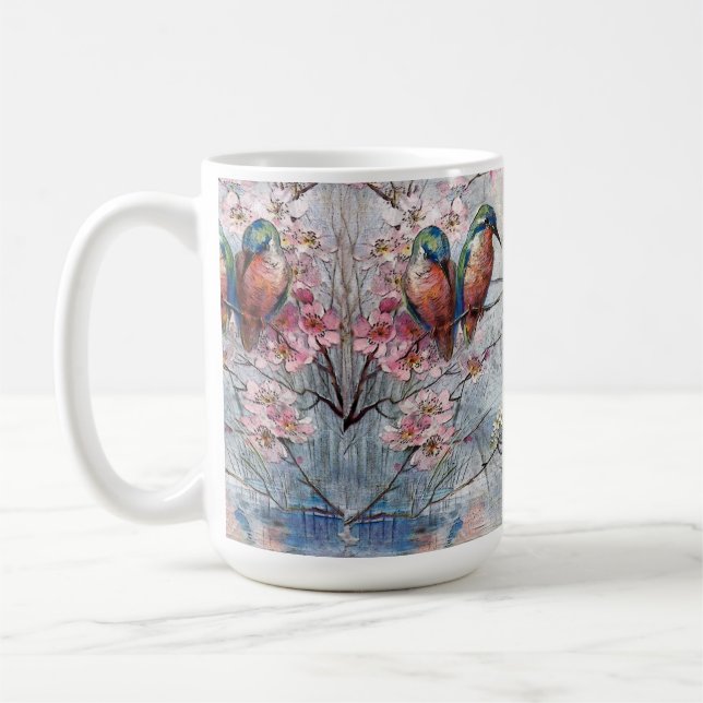 Mug Martin-pêcheurs joliment peints et fleurs (Gauche)