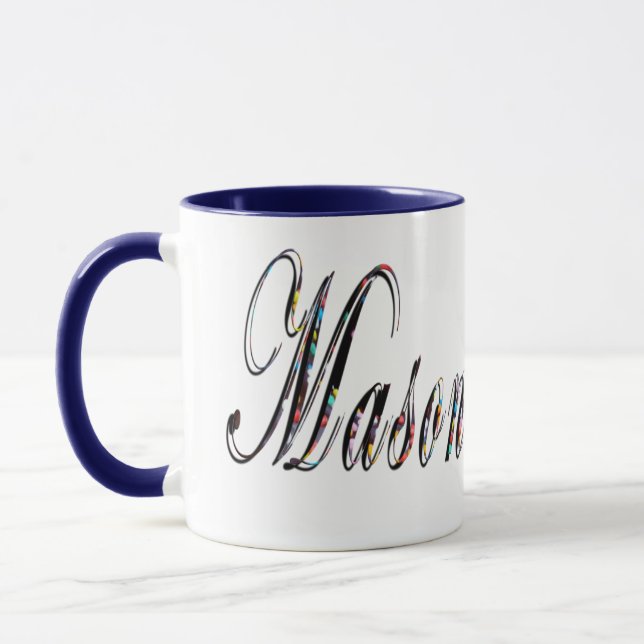 Mug Mason, Nom, Logo, Bleu Combo Café Mug. (Gauche)