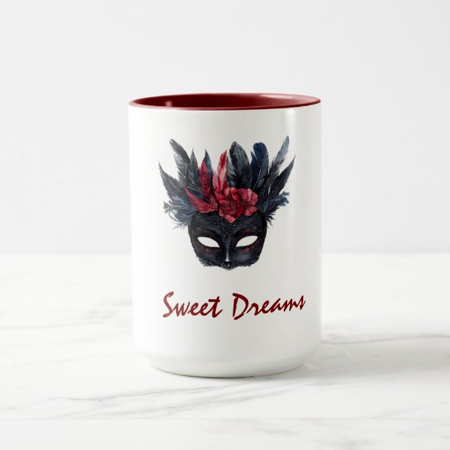 Mug Masque blanc noir bordeaux rouge plumes (Centre)