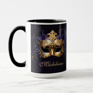 Mug Masque de Mascarade Or Violet Noir Cadeau de Nom M