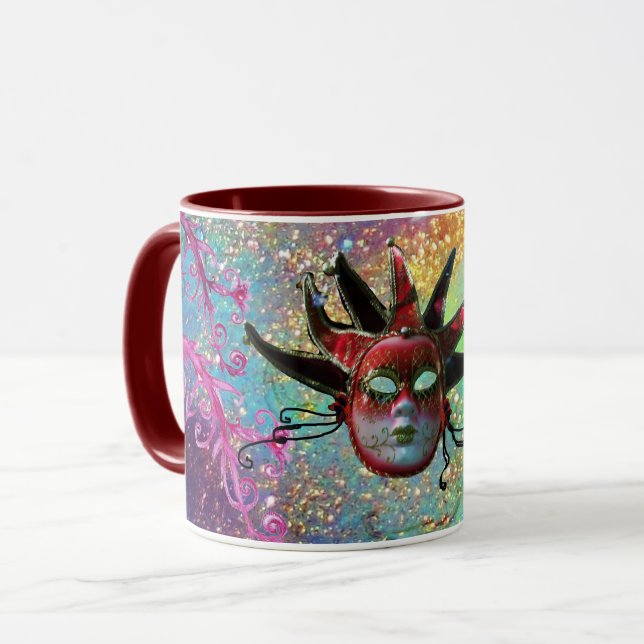 Mug MASQUE JESTER ROUGE NOIR Mascarade bleu rose flora (Devant gauche)