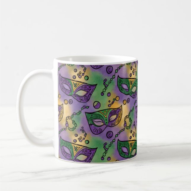 Mug Masques et perles de Mardi Gras violet vert jaune (Gauche)