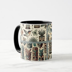 Mug Masques Tiki Tropicaux Vintage et Oiseaux Gris Ver