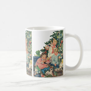 Mug Matin de Noël vintage, enfants ouvrant des cadeaux