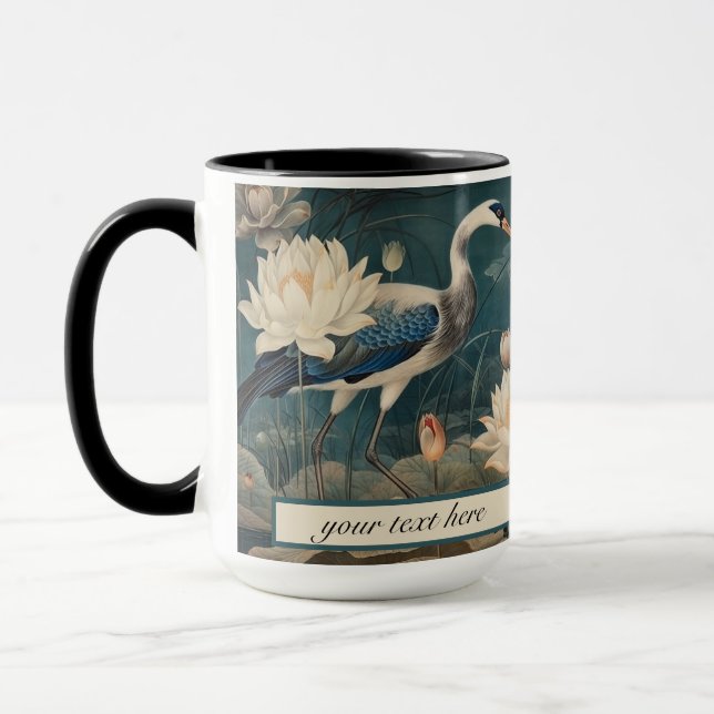 Mug Matin Paisible Zen Bleu Grue Art Botanique (Gauche)