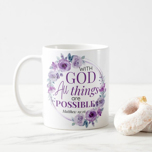 Mug Matthieu 19:26 Possible avec Dieu Floral Pourpre (Avec donut)