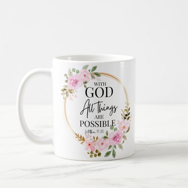 Mug Matthieu 19:26 Possible avec Dieu rose Floral (Gauche)