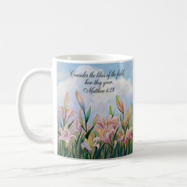 Mug Matthieu 6:28 Aquarelle Lys (Gauche)