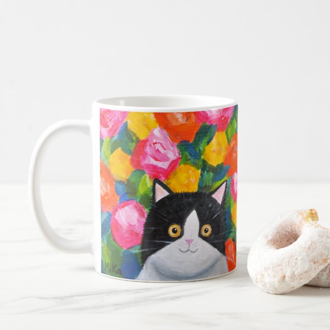 Mug Maximum Chat Bonheur Cute Tuxedo Chat Art Floral (Avec donut)