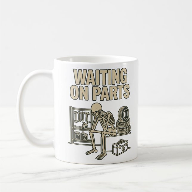 Mug Mécanicien de garage squelette en attente de pièce (Gauche)