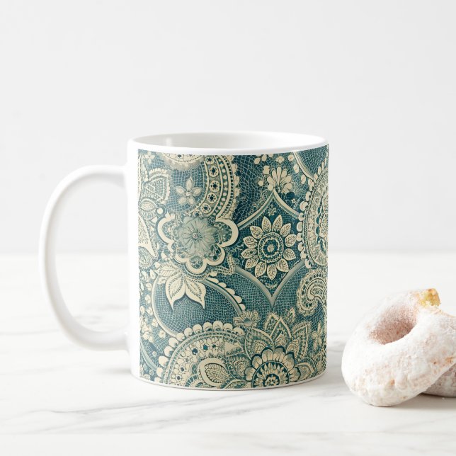 Mug Médaillon en dentelle émeraude (Avec donut)