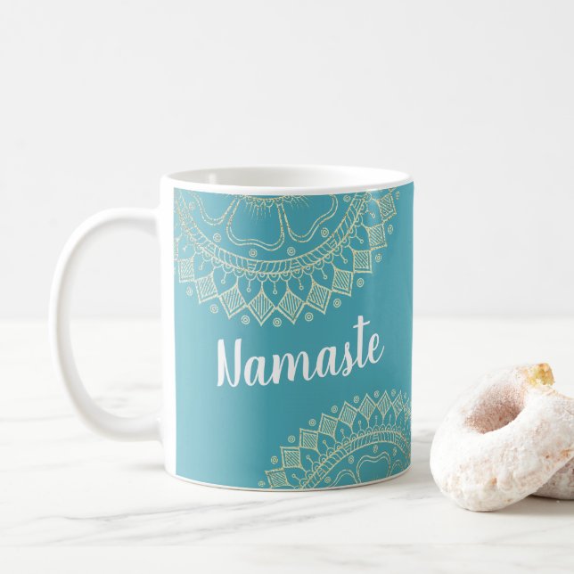 Mug Méditation Yoga Instructeur Vert Bleu Or Mandala (Avec donut)