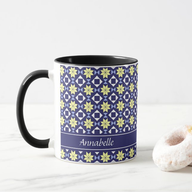 Mug Méditerranée Bleu Bleu Floral Carrelage Nom du Mot (Avec donut)