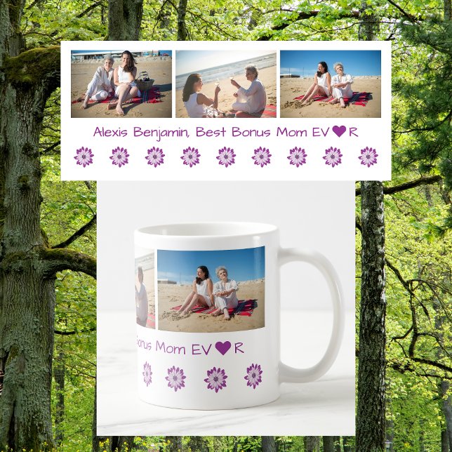 Mug Meilleur Bonus Maman Ever, avec Coeur. Nom + 3 pho (Best Bonus Mom EVER w/ heart. Personalized name & 3 photos. Modern, elegant, cute Mother's Day gift)