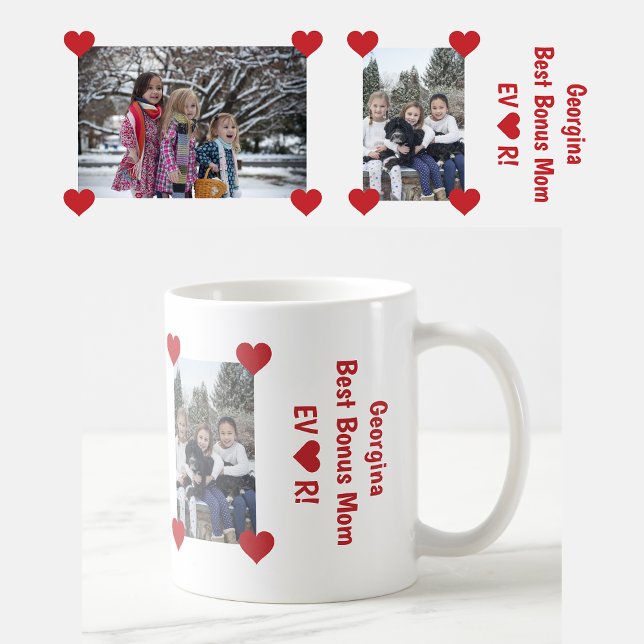 Mug Meilleur Bonus Maman JAMAIS Coeur Amour 2 Photos (Personalized name + 2 photos Best Bonus Mom Ever mug. Hearts. Modern, cute Mother's Day / bday gift)
