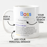 Mug Meilleur Boss Drôle Jamais Recherche Avec Message<br><div class="desc">Amusante tasse pour votre patron avec un logo "Boss search" et un résultat de recherche unique pour "Best boss ever",  avec le nom de votre patron,  votre message personnel et une note 5 étoiles.</div>