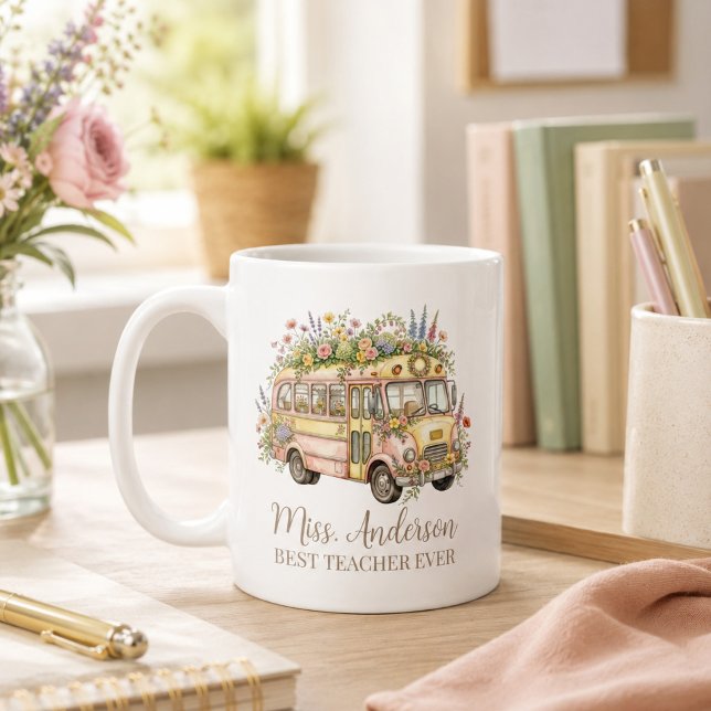 Mug Meilleur Enseignant avec Nom École Bus Aquarelle (Créateur téléchargé)