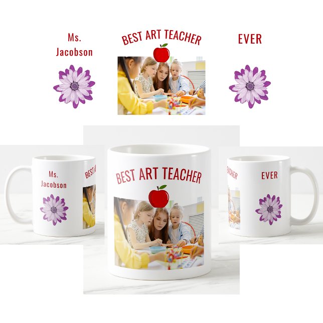 Mug Meilleur Enseignant En Art Jamais, Nom, Photo, App (Best Art Teacher Ever photo mug. Personalized Name. Flowers. Apple. Cute teacher appreciation mug)