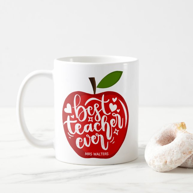 Mug Meilleur Enseignant Jamais Nom Pomme Rouge Retour  (Avec donut)